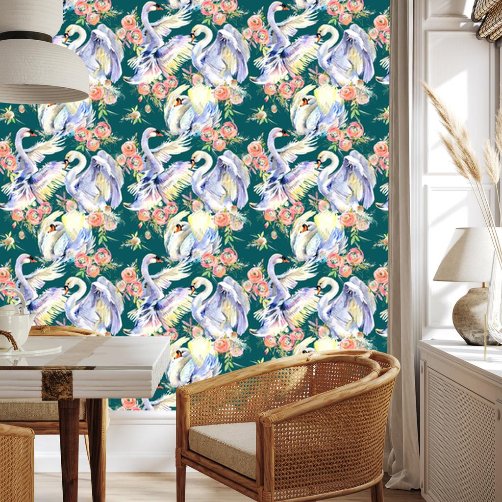 Swans and Flowers Wallpaper for Living Room and Bedroom 50x1000