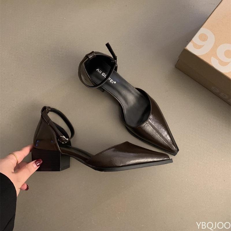 Fashion Spring Summer New Niche Temperament Single Shoe Shallow Mouth Simple Comfortable Versatile Casual Black Mid Heel Pointed Sandals
