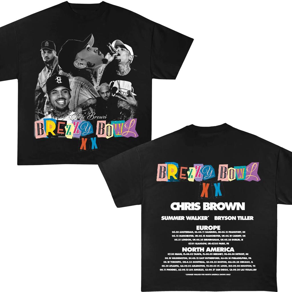 Летняя футболка с круглым вырезом из хлопка с принтом Chris Brown Breezy Bowl XX Concert Tour, хип-хоп, мужская, большая, уличная, для активного отдыха, с коротким рукавом