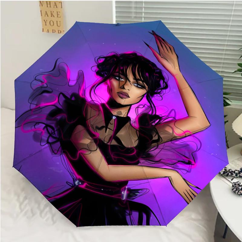 Wednesday Addams Print Automatic Umbrella, 8 Rib Iron Frame, Plastic Handle, Suitable for Outdoor Travel &Daily , Ideal Gift