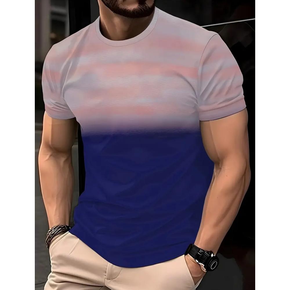 Мужская футболка для спортзала с двухцветным градиентом и 3D-принтом, с круглым вырезом и коротким рукавом, для улицы, повседневная, для бега, спорта и фитнеса