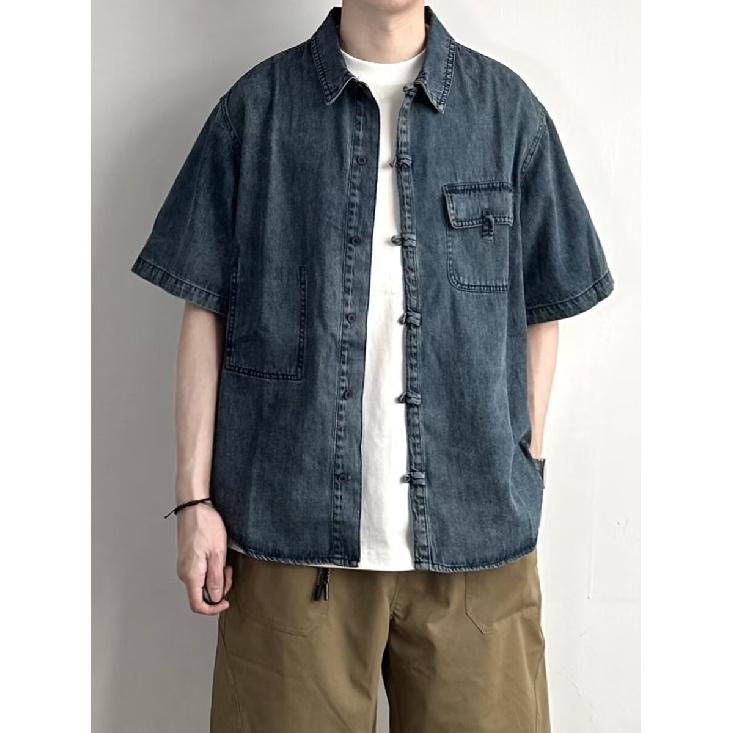 Летняя мужская новая стильная потертая джинсовая рубашка с короткими рукавами в стиле ретро, уличная модная рабочая одежда, рубашка в стиле милитари