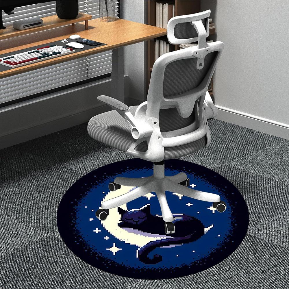 1PC Moon Cat Office Round Area Rug, Indoor Mat Suitable For Office, Under Office Chairs Bedroom Living Room Home Decor, Room Deco 206