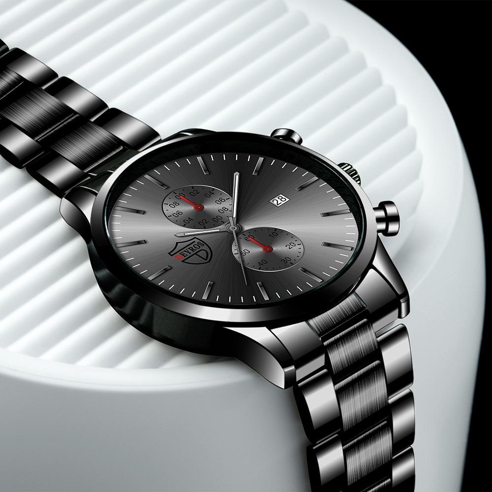 4pcs/set Simple Hands Round Black Quartz Watch and Black Cross Pendant Necklace, Ring, Bracelet Set, Gift To Him