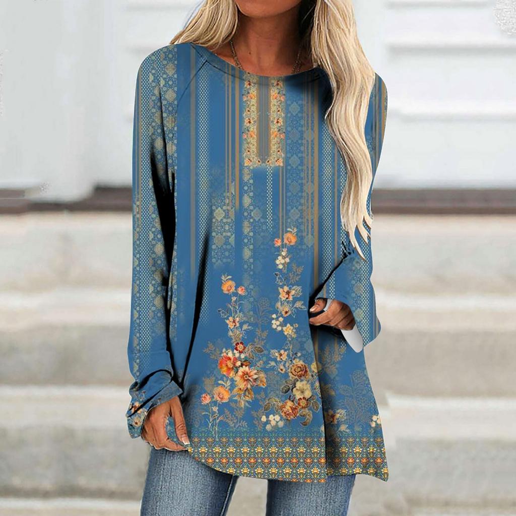 Women's Fashion Casual T-shirt Gradient Long Sleeve Round Neck Medium Long Top