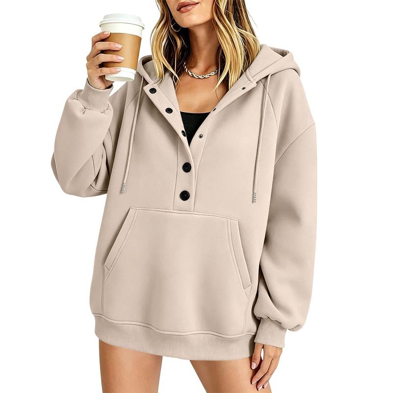 Women S Loose Fit Mid Length Long Sleeve Button Collar Sweatshirt Casual Style