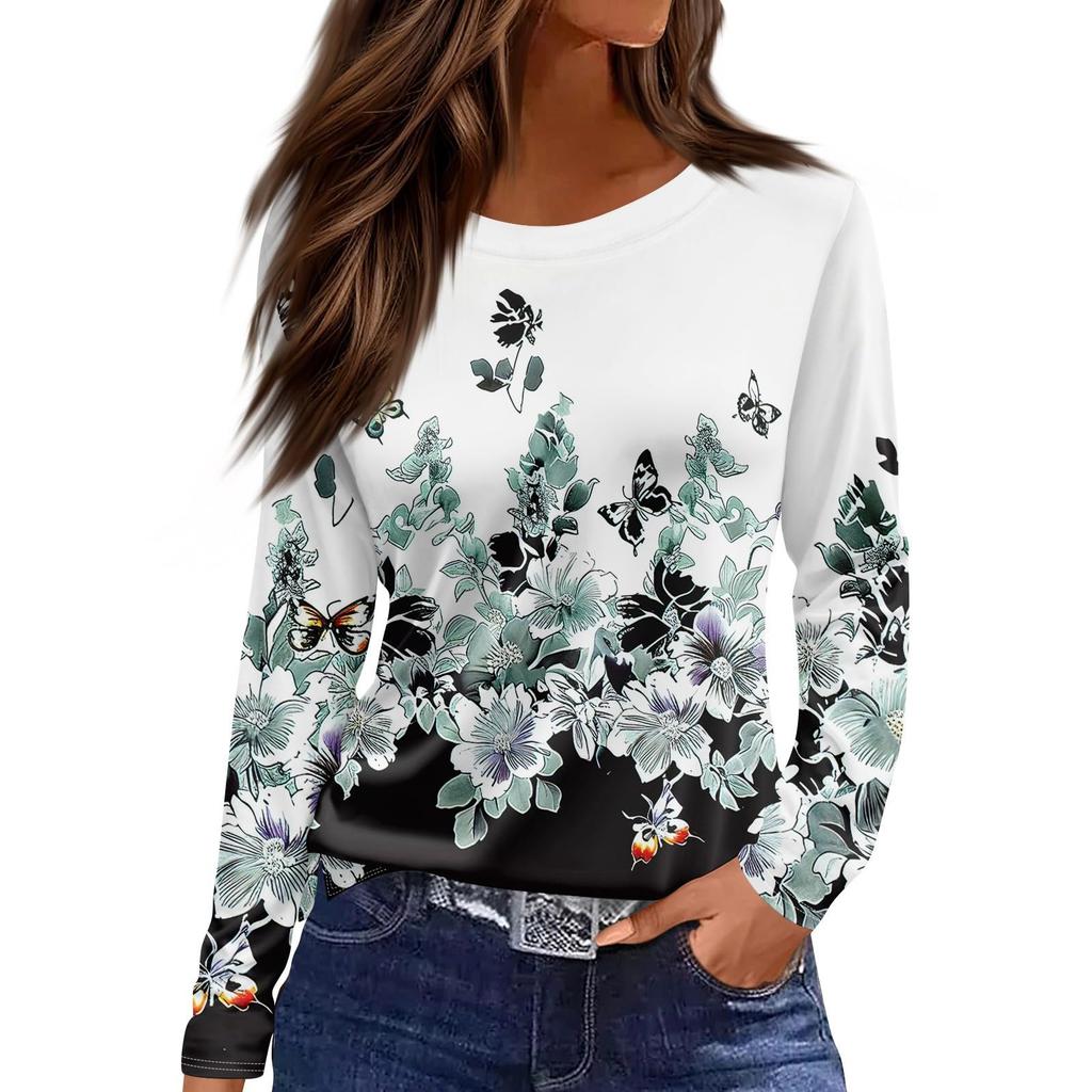 Women's Casual T-shirt 3D Printed Floral Floral Print Round Neck Retro Elegant Long Sleeves Women's Fashion Pullover Long Sleeve