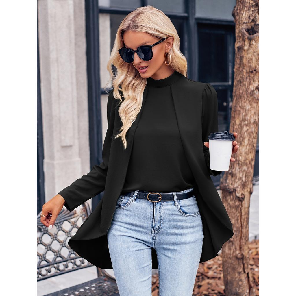 Повседневная женская модная однотонная рубашка с высоким воротником и длинными рукавами, пальто из искусственной кожи с двумя рубашками для женщин, элегантная женская одежда, осенняя одежда