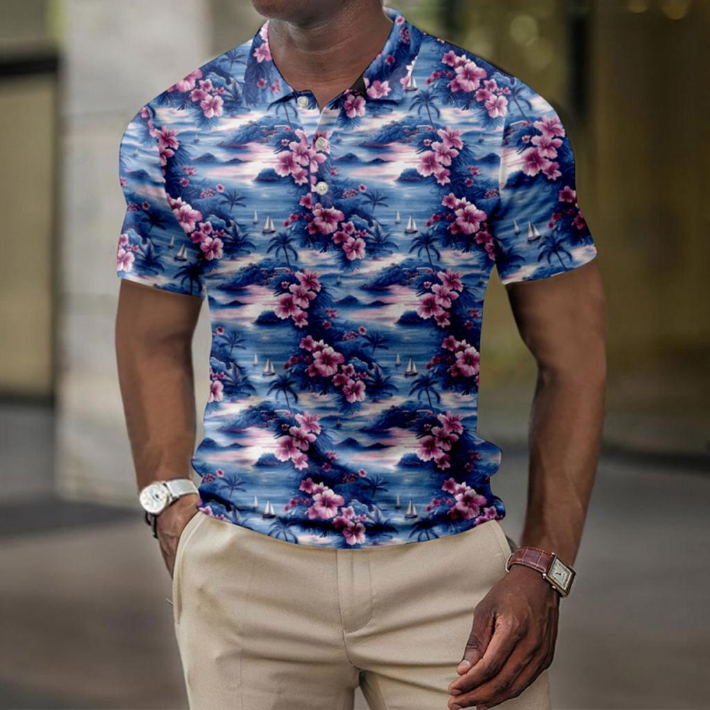 Men's Summer Hawaii Printed Golf Shirt Botton Short Sleeve Top Men's Casual Fashion Shirt