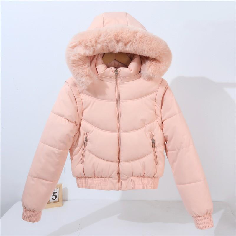 Womens Removable Sleeve Short Puffer Coat With Faux Fur Collar Warm Thick Cotton-Padded Jacket Winter
