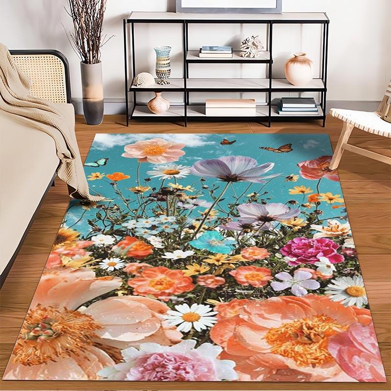 Colorful Floral Pattern Carpet with Butterflies Sky Design Decor Rug Suitable for use as an anti-slip for living room bedroom sofas