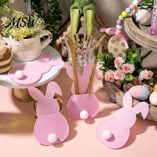 Kids Party Dining Decor 4 Pcs Easter Bunny Cutlery Holders, Felt Tableware Pouch Bags, Cute Rabbit Utensil Festive Table Centerpiece Accessory Sleeve,