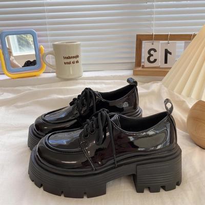 «Женские черные кожаные мокасины на массивном каблуке со шнуровкой для весны/лета 2024 года — британский и японский стиль»