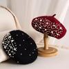 2023 Winter Wool Beret with Rhinestone Pearls Beads Female Elegant Cap Autumn Spring Hat Women Solid Color French Style Cap