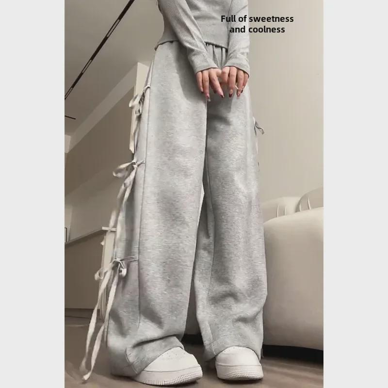 В наличии женские серые широкие спортивные брюки с бантом - новый дизайн весна/осень 2024