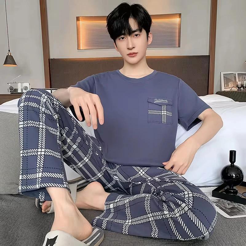 Summer Soft Cotton Pajamas Set for Men Fashion O-neck Pyjamas Short Sleeved Plaid Pants Home Suit