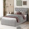 90*200 cm Low Bed, Upholstered Bed, Nightstand Upholstery with Decorative Rivets, Double Drawers, Grey