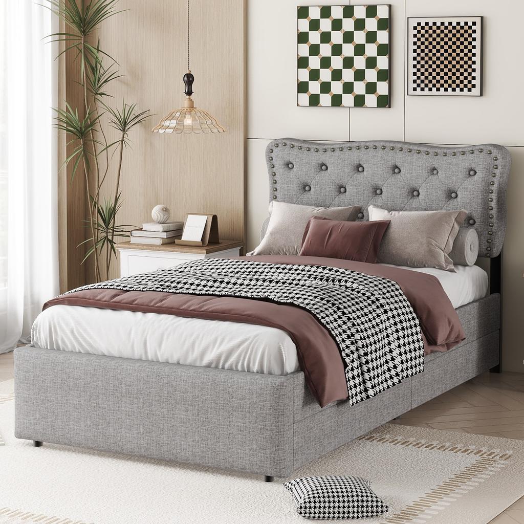 90*200 cm Low Bed, Upholstered Bed, Nightstand Upholstery with Decorative Rivets, Double Drawers, Grey