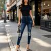 High Stretch Ripped Skinny Jeans Women Slim Fit Mid-Rise Denim Pants In Black Dark Blue Light Grey