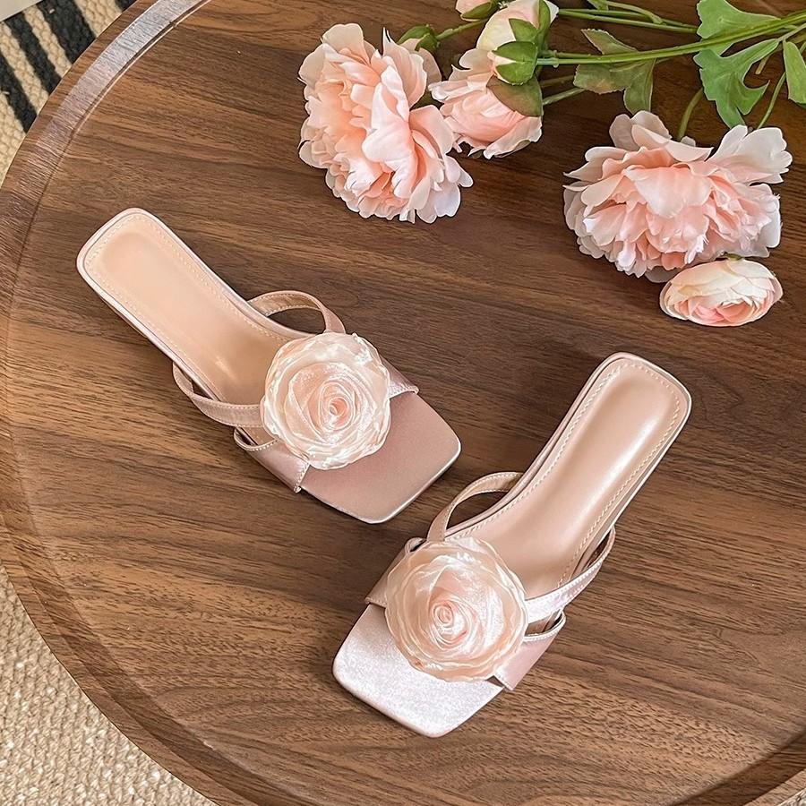 Soft Leather Version~ Pink Flower with Skirt Slippers Female Summer New French Gentle Fairy Evening Breeze Vacation Thick Heel