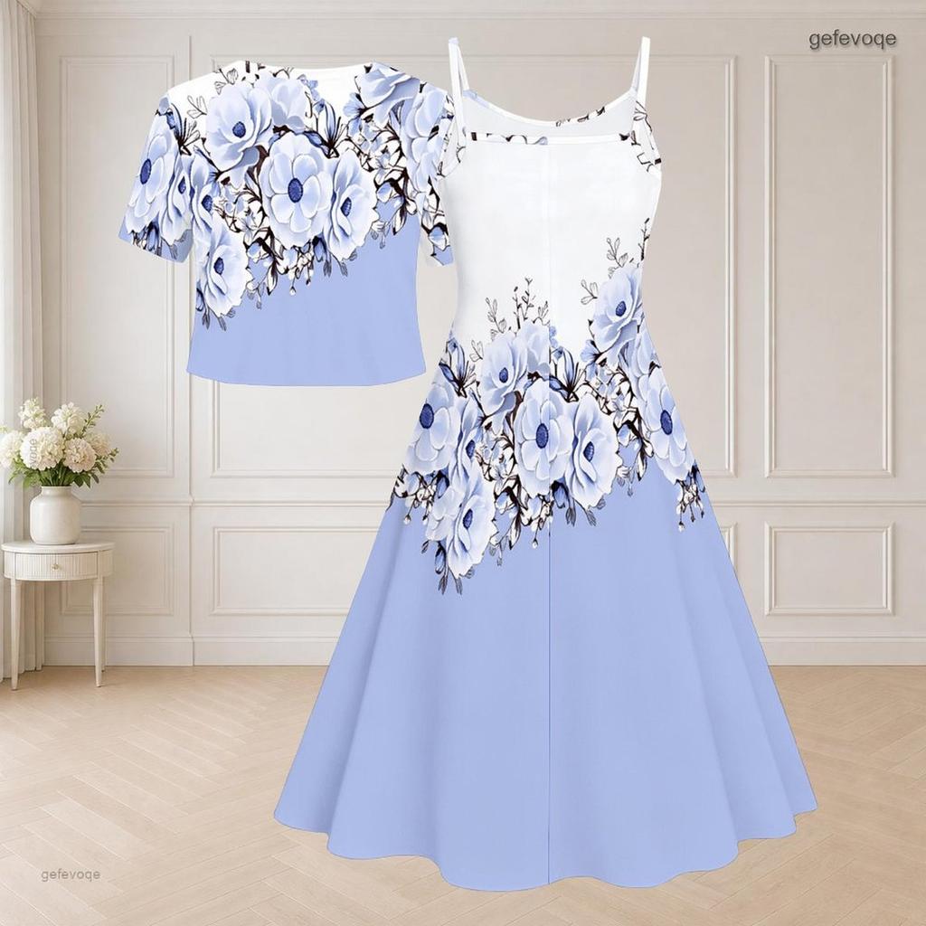 Women Plus Size Two Piece Dress Set V Neck Short Sleeve Tie Front Shrug Strappy Flared Black Gold Printed Dress