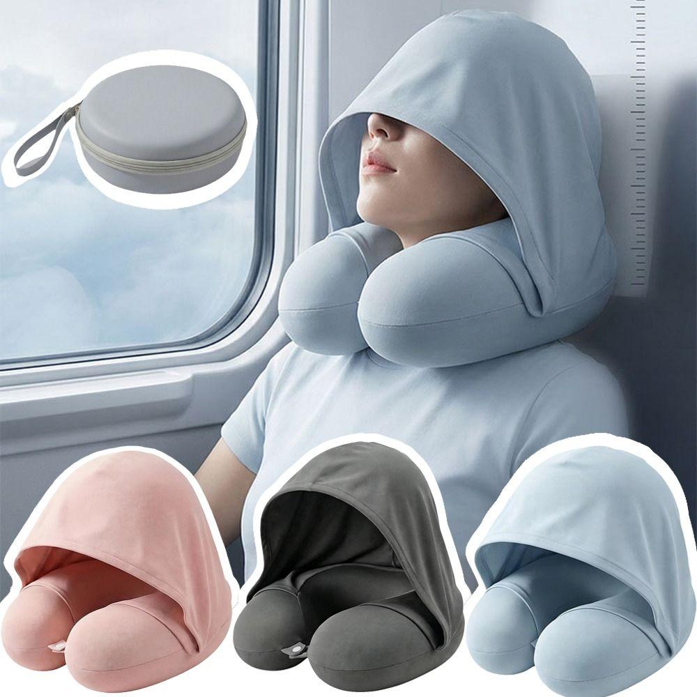 Foldable Design U-Shaped Neck Pillow Slow Rebound Hooded Neckrest Pad Long Flights
