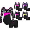 Kids Girls Long Sleeve Printed Patchwork Leotard with V-front Waistband Shorts for Dance Sports Gymnastic Workout