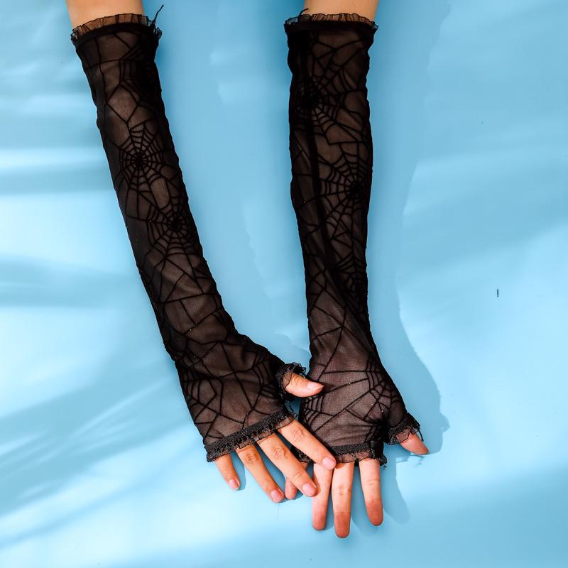 Korean Style Lace Fingerless UV-Protection Gloves – Black Spider Web Design for Women