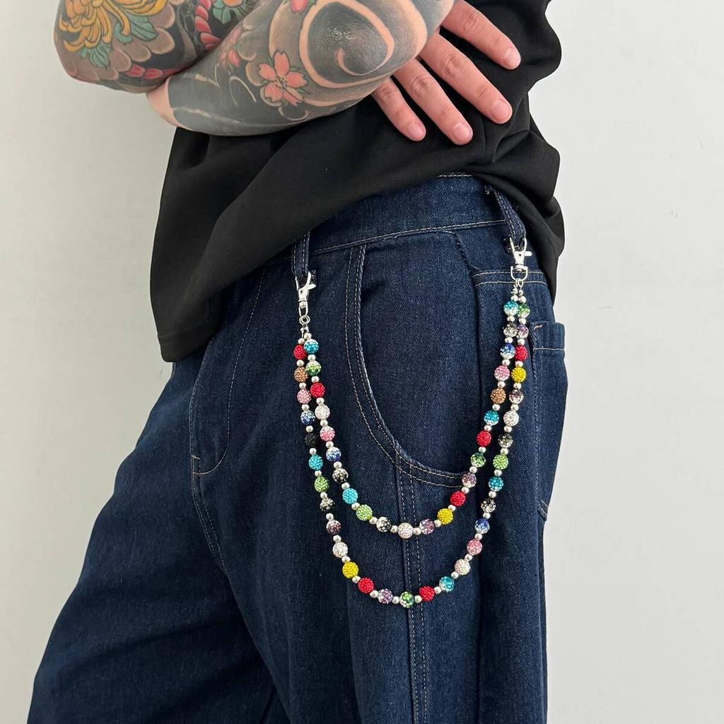 Salircon Trendy Colorful Rhinestone Beaded Waist Chain Belt Keychain Men Punk Harajuku Bag Pants Chain Street Jewelry Male Gift