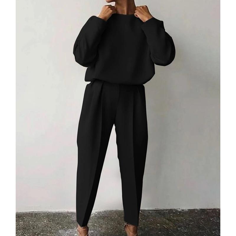 Женский элегантный однотонный комплект из 2 предметов, повседневный пуловер с круглым вырезом, топы, длинные брюки, костюм, женская мода, свободная одежда, уличная одежда