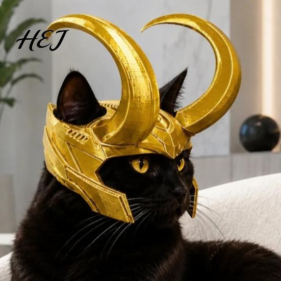 Horn Hat for Cats Cat Crown Helmet, Golden Headpiece, with Ear Holes, Unique Headpiece Pet Funny Cosplay Helmet Halloween Theme Parties Photo
