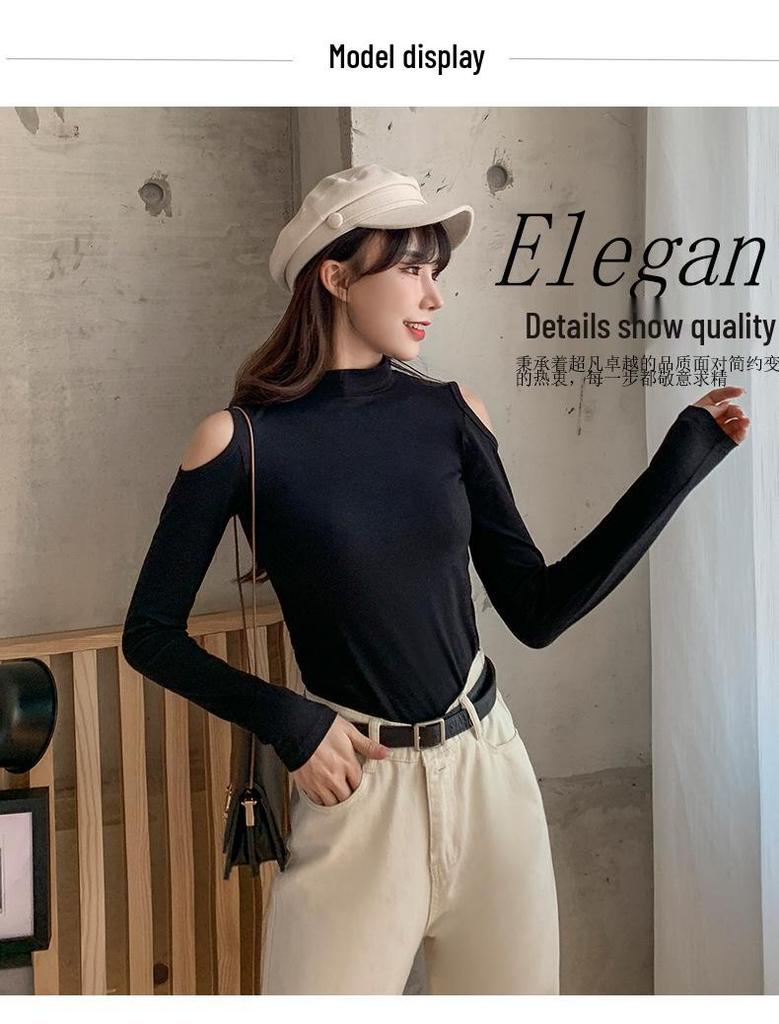 Женский черный топ с открытыми плечами, облегающий, с длинным рукавом, в корейском стиле