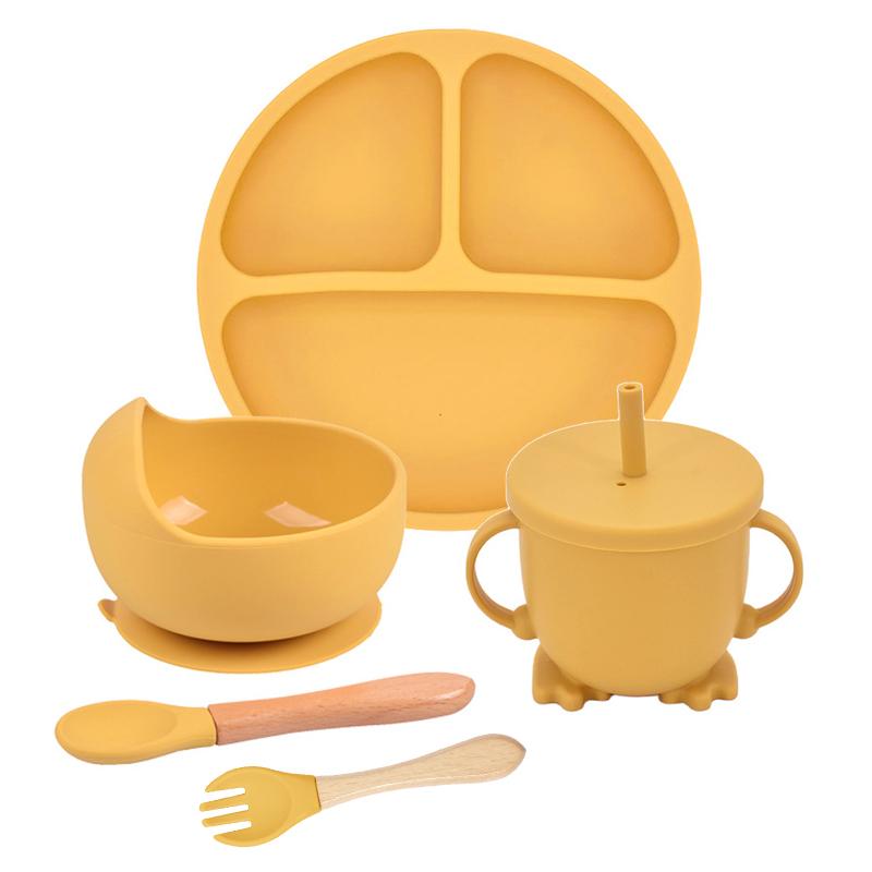 Силиконовый набор для кормления детей, 5 шт., силиконовая миска, обеденная тарелка, ложка, вилка, детская посуда, силиконовая посуда без BPA для детей