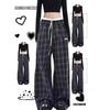 Women's High Waist Retro Patchwork Plaid Wide Leg Pants - Loose Casual Floor-Length Trousers