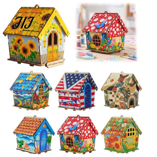 Handmade Desktop Crafts 3D Christmas House Rhinestone Painting Kit, DIY Wooden Sunflower Hut Craft Set Cabin, Handicraft Arts Ornament for Decoration