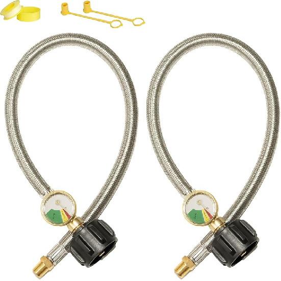 15 Inch RV Propane Hose Replacement With Gauge, 2 Pack - Stainless Steel Braided Hose For RV Two-Stage Regulator - 1/4" Male NPT & QCC1 Inlet, 350PSI