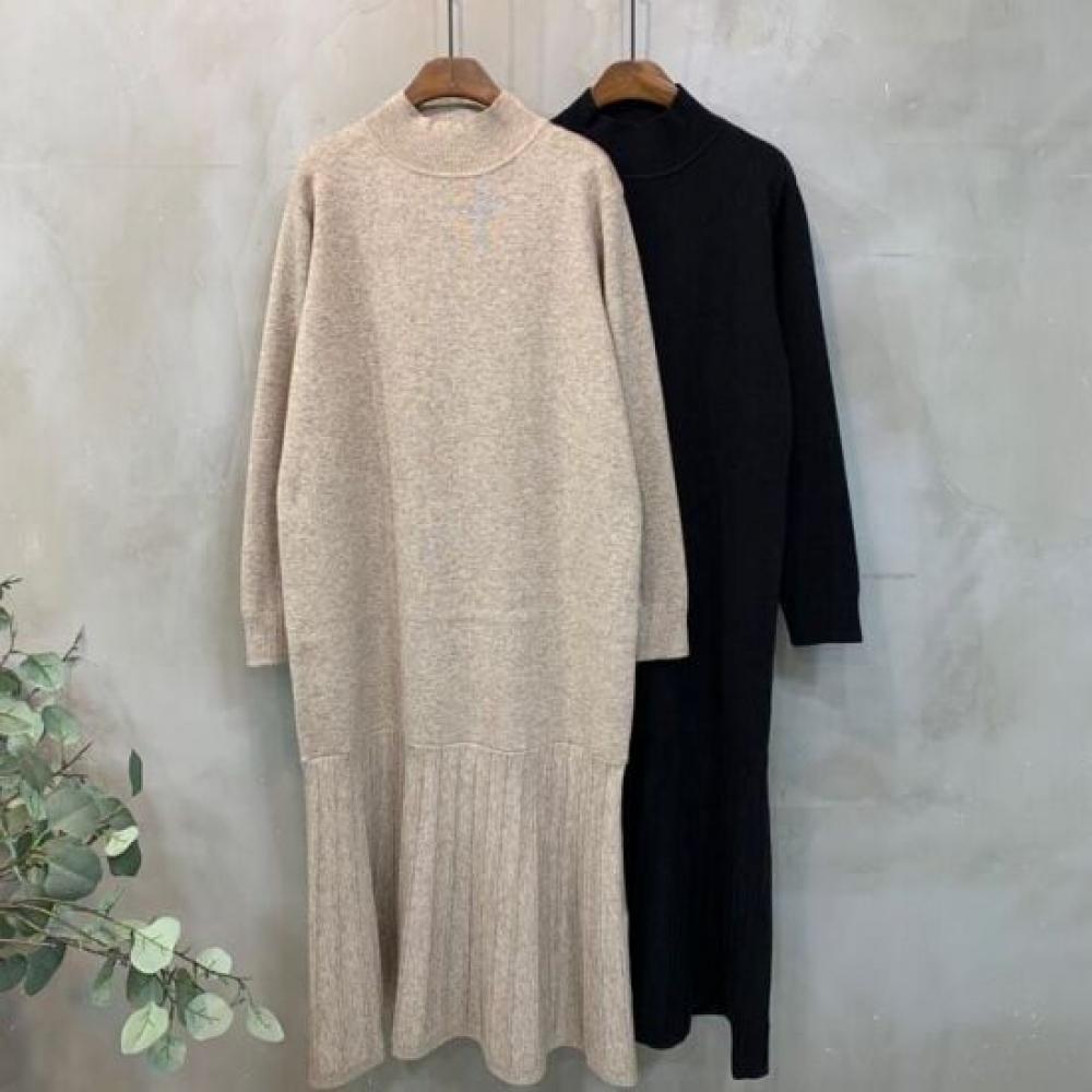 C S In The Room pleatS waiSt Tie High neCk Knit Flare Long dreSS 2Color C