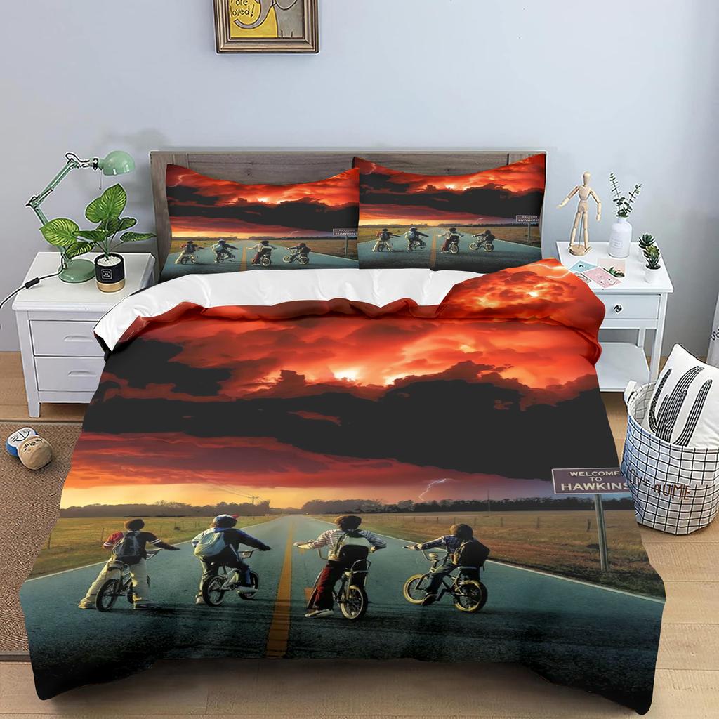 Stranger Things 3D Cartoon Duvet Cover Soft Skin-Friendly Breathable Bedding Set with Zipper for Kids Boys Girls Bedroom Decor