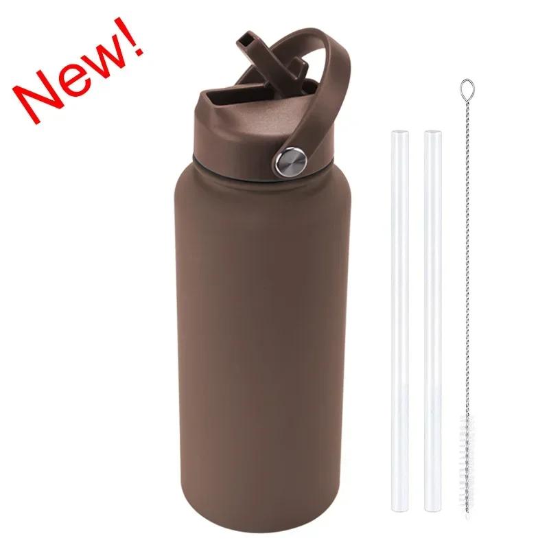 1L Sports WATER BOTTLE With Handle And Straw Stainless Steel Large Capacity Vacuum Flasks Drinkware Large Mouth GymThermos CUP
