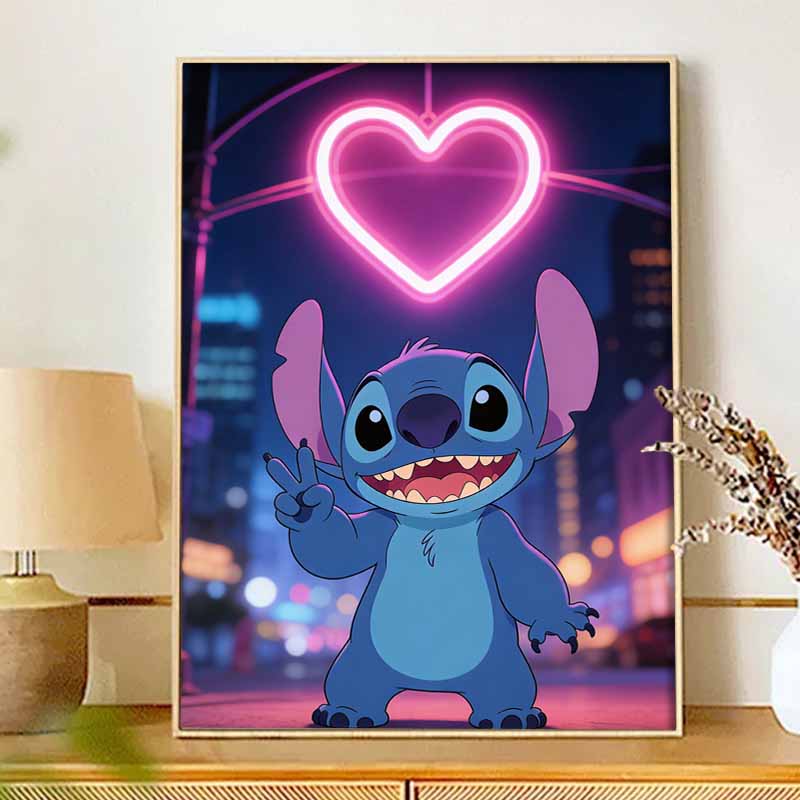 Disney Diamond Painting Kit Unframed Stitch Neon Heart Classic Style Home Decor Craft, Perfect Gift Idea
