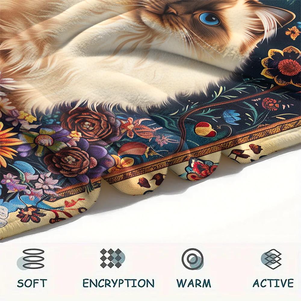 1Pc Boho Floral Cat Print Flannel Blanket, High quality Comfortable for All Seasons, Home Decor, Warmth and Comfort, Perfect for Christmas Gifts