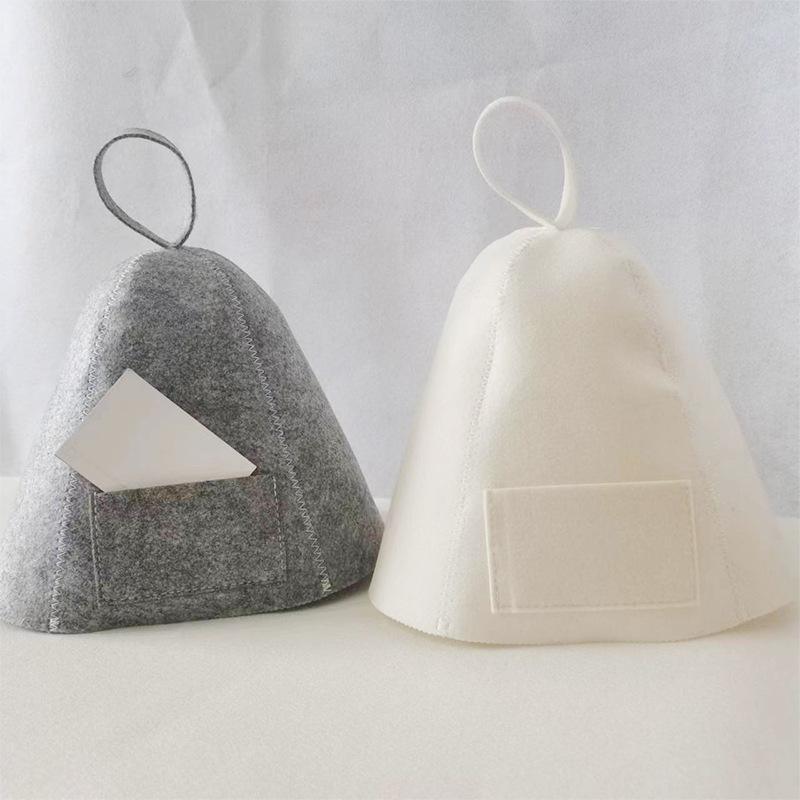 Gray & White Felt Bath Cap Minimalist Thickened Sauna Hair Drying Cap Absorbent Heat-Preserving with Card Pocket