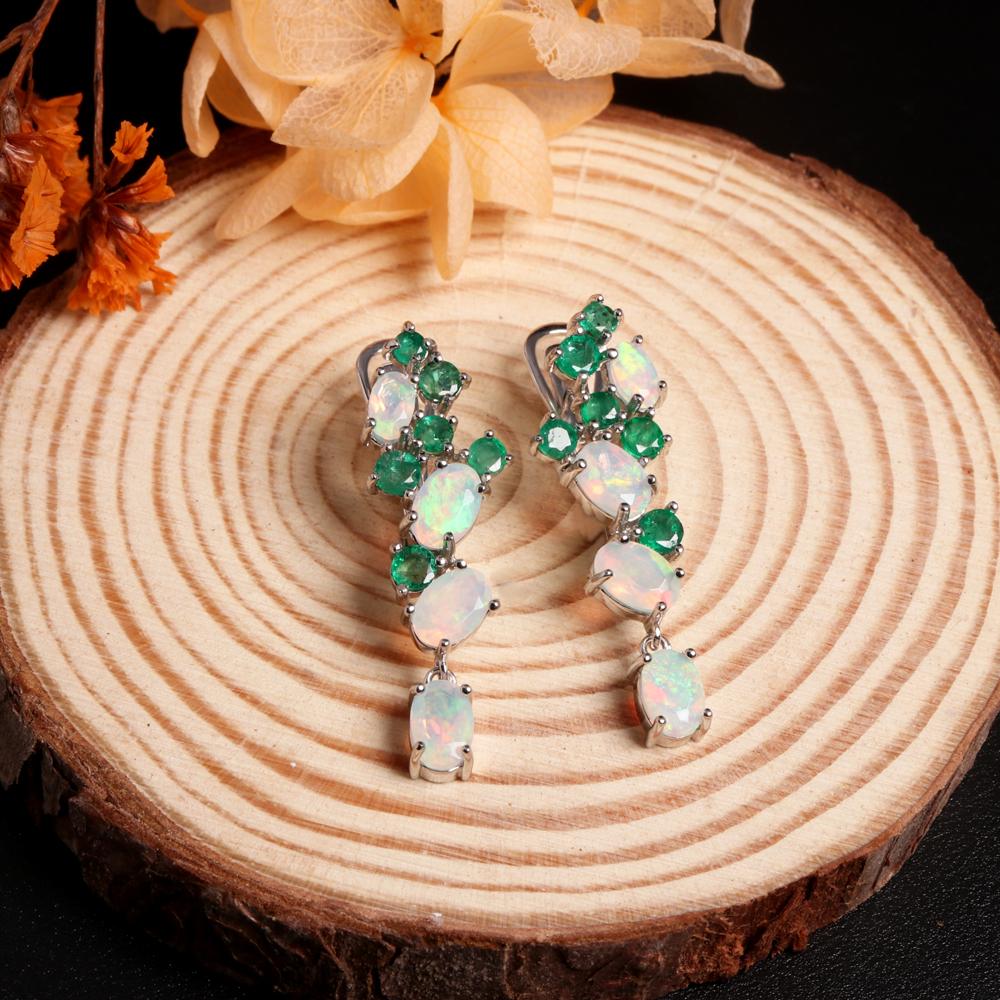Colorful Gemstone Opal Emerald Earring ,natural Ethiopia Opal Zambia Green Emerald Jewelry 925 Sterling Silver