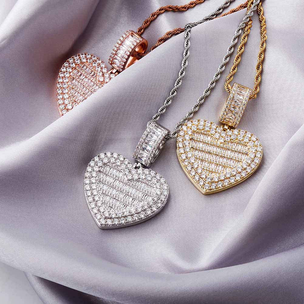 Custom 57mm X 40mm Hip Hop Iced DIY Photo Frame CZ Pendant One Heart Photo Locket Pendant Zircon Stones Personalized Brass Charm