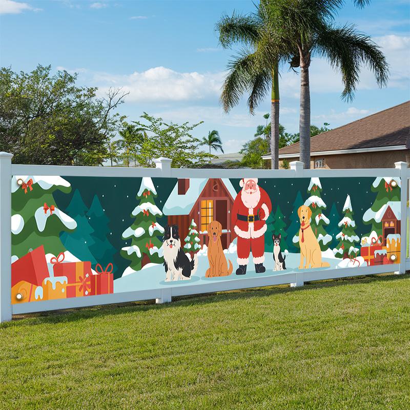 Festive Holiday Santa Claus & Puppy Christmas Fence Banner 17x78in, Outdoor Garden Porch Decor