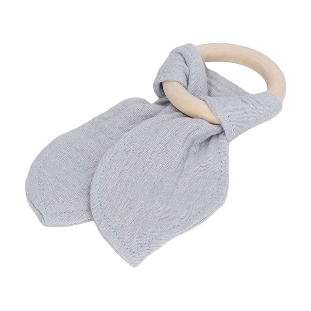 Baby Wood Ring Teether Rabbit Ears Cotton Gauze Hand Grip Training Soothing Baby Wooden Bite Ring