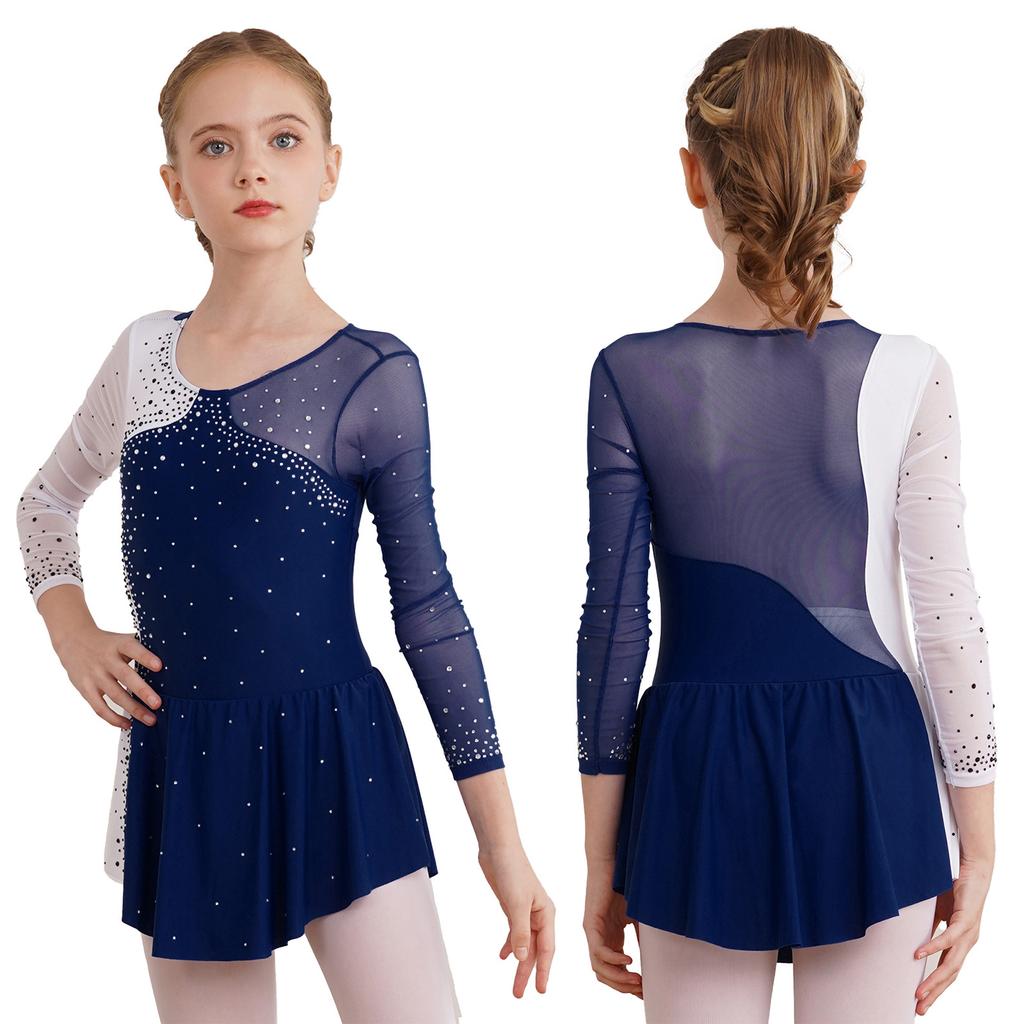 Kids Girls Stylish Dance Wear Long Sleeve Rhinestone Decor Contrast Color Skating Dresses