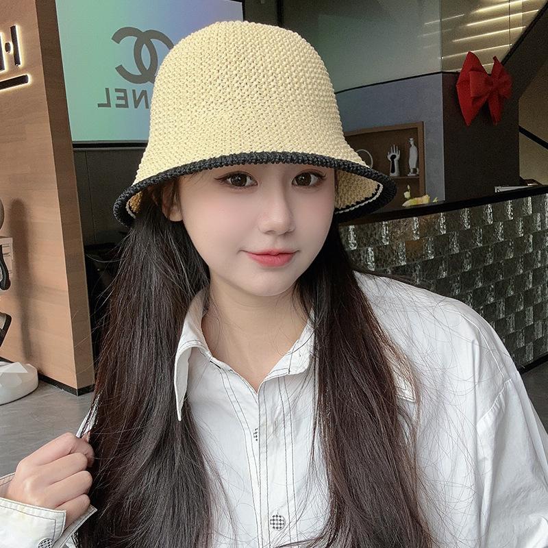 Foldable bucket hat women ins sunshade sunscreen hat simple color matching milk silk woven bucket hat