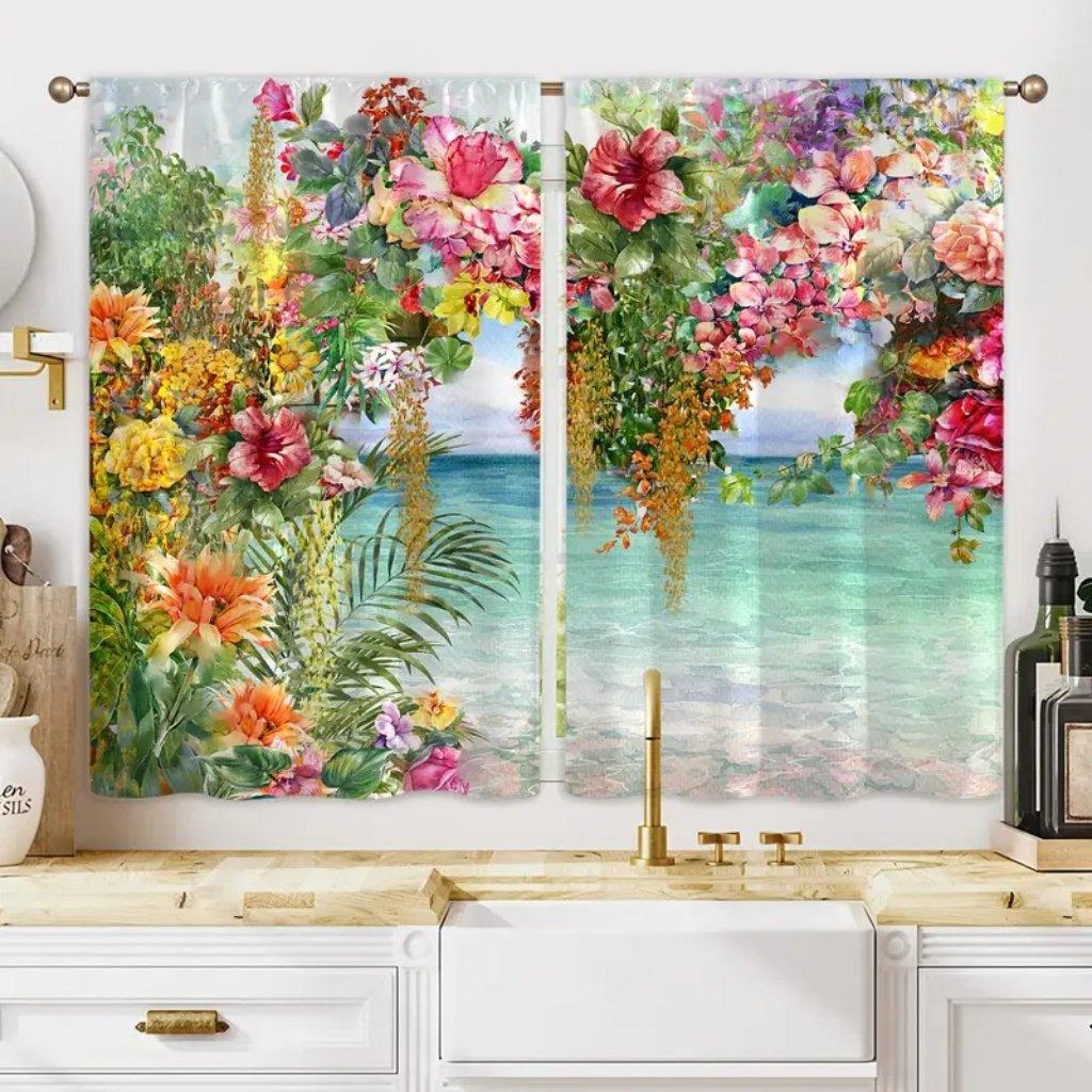 2pcs Vintage Sunflower Print Curtain Digital Printing Living Room Curtains, Grommet Top Rod Pocket Hook Curtains