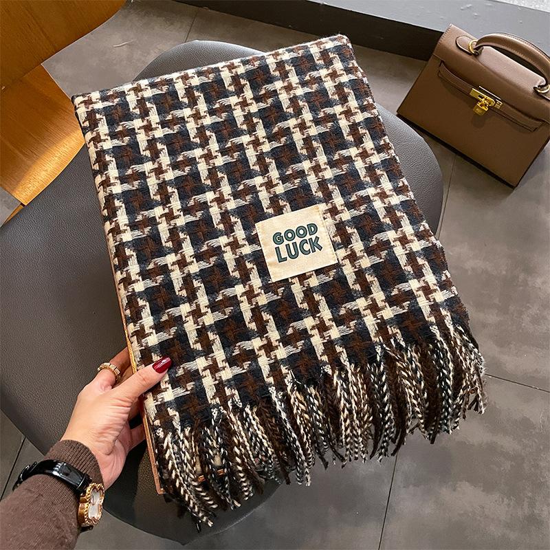 Goodluk Color Matching Square Plaid Scarf Women's Winter Shawl Street Contrasting Tassel Imitation Cashmere Scarf